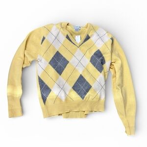The Scotch House Scottish Cashmere V-Neck Argyle Sweater in Yellow and Gray